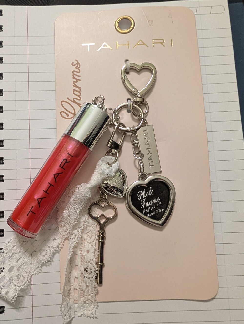 Tahari Silver Heart Charm Keychain Bag Charm with Lip Gloss